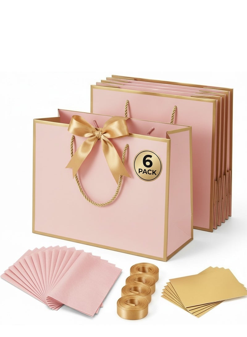 Circuit Green 6-Pack Luxury Small/Medium Pink Gift Bags with Gold Trim (28×10×20 cm) – Includes 6 Gold Ribbons, 6 Greeting Cards & 12 Matching Pink Tissue Sheets  – Premium Gift Bag Set - Image 1