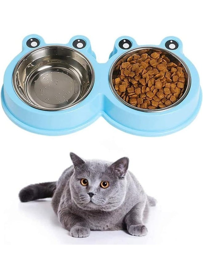 Mumoo Bear Pet Cat Dish Blue, Multi Purpose Pet Feeding Bowl, Fashion Double Dog Bowls, Frog Cat Feeding Bowl, Tilted Pet Feeding Bowl, Non Slip Cat Bowl, Big Eyed Frog Cartoon Design, Suitable For Cats, Dogs - Image 1