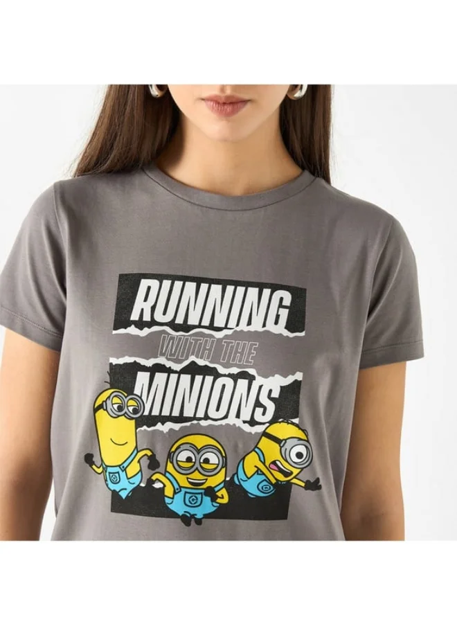 SP Characters Minion Print Crew Neck T-shirt with Short Sleeves