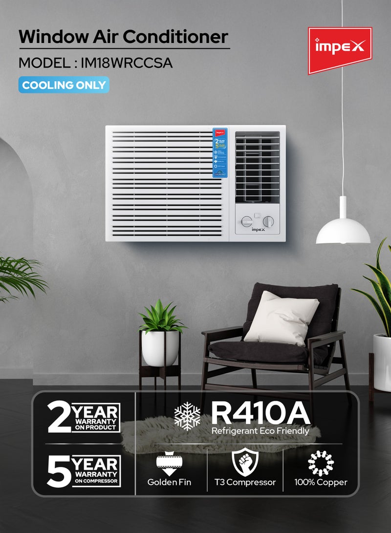 إمبكس مكيف نافذة 1.5 طن | تبريد فقط | ضاغط T3 | 17200 وحدة حرارية بريطانية | 100% نحاس | صديق للبيئة R410A | زعانف ذهبية | حماية من الشبكة الخلفية | ضمان المنتج 2 سنوات وضمان الضاغط 5 سنوات | IM18WRCCSA - Image 2