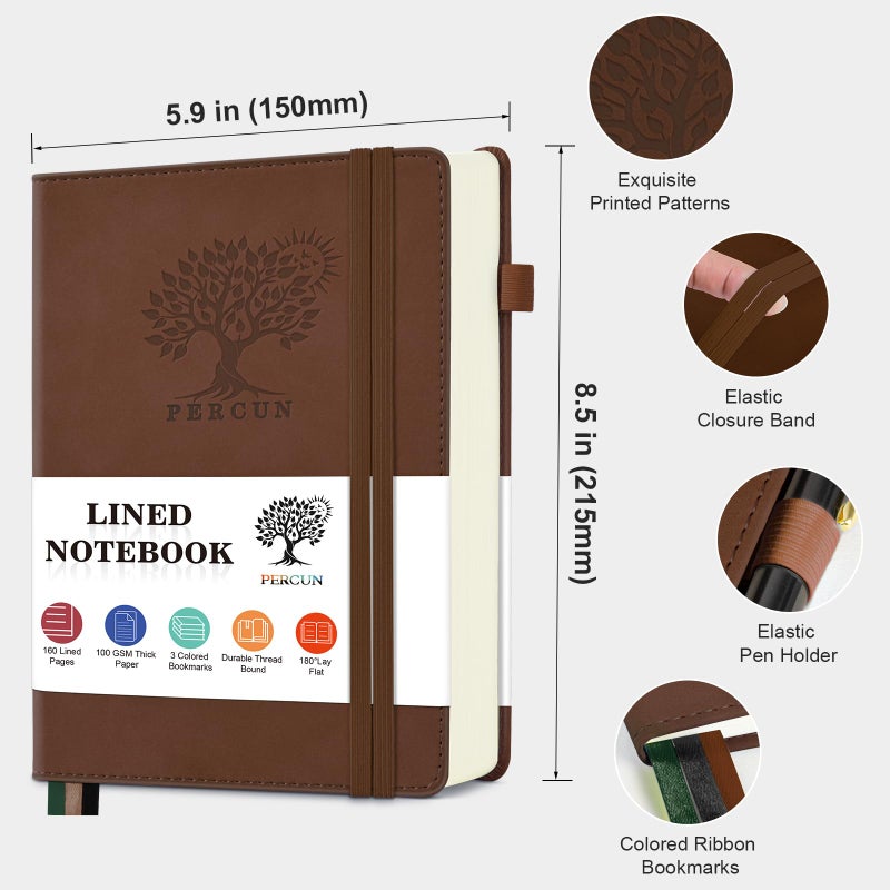 PERCUN Lined Journal Notebook for Men & Women, 160 Pages College Ruled Journal for Writing, A5 Hardcover Leather Notebooks for Work, School, Business, Travel, Daily Diary 5.9" x 8.5" (Brown) - Image 2