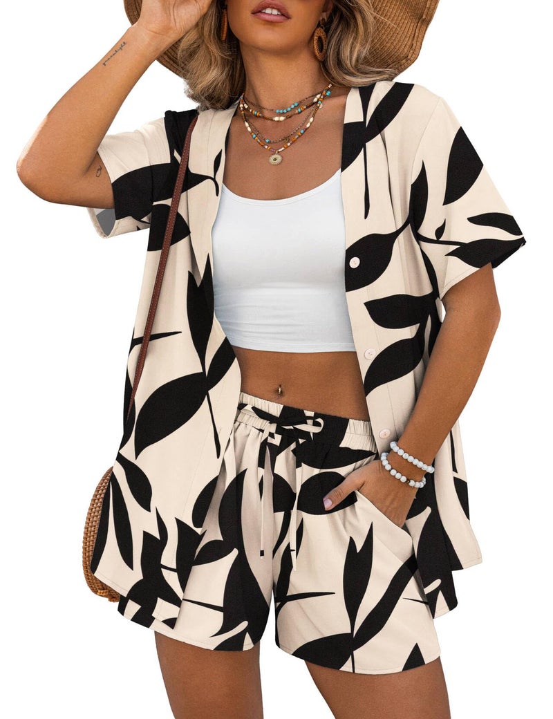 REDHOTYPE Womens 2 Piece Outfits Lightweight Button Down Top Casual Shorts Printed Summer Vacation Sets, Apricot Medium - Image 1