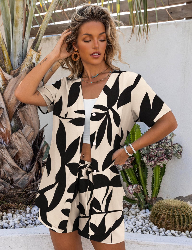 REDHOTYPE Womens 2 Piece Outfits Lightweight Button Down Top Casual Shorts Printed Summer Vacation Sets, Apricot Medium - Image 3