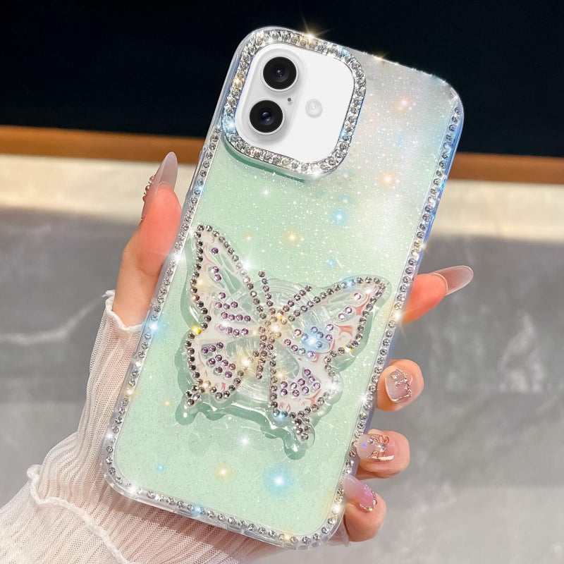 erorex For iPhone 16 Plus Diamond Glitter  Holder Phone Case(Light Green) - Image 1