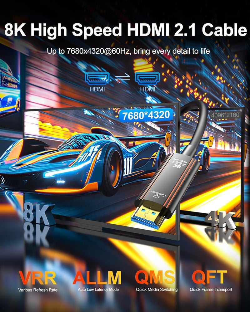 كابل HDMI ألياف بصرية بطول 50 قدم، سلك HDMI 2.1 طويل بدقة 8K وسرعة فائقة 48 جيجابت في الثانية، يدعم 8K@60Hz و4K@240Hz وHDR الديناميكي/eARC/HDCP 2.2 و2.3/3D، متوافق مع PS5 وPS4 وXbox وأجهزة التلفاز عالية الدقة والشاشات وأجهزة العرض. - Image 2