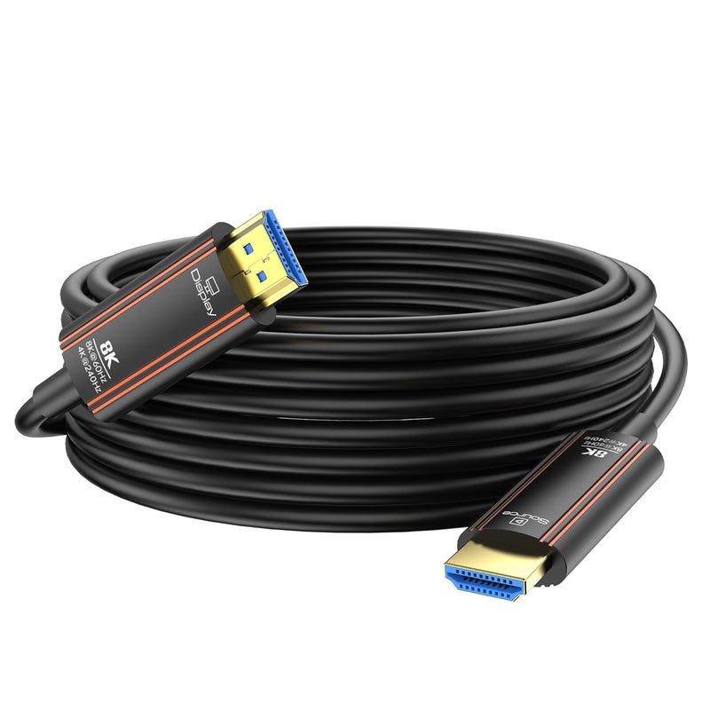 كابل HDMI ألياف بصرية بطول 50 قدم، سلك HDMI 2.1 طويل بدقة 8K وسرعة فائقة 48 جيجابت في الثانية، يدعم 8K@60Hz و4K@240Hz وHDR الديناميكي/eARC/HDCP 2.2 و2.3/3D، متوافق مع PS5 وPS4 وXbox وأجهزة التلفاز عالية الدقة والشاشات وأجهزة العرض. - Image 1