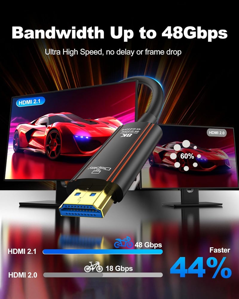 كابل HDMI ألياف بصرية بطول 50 قدم، سلك HDMI 2.1 طويل بدقة 8K وسرعة فائقة 48 جيجابت في الثانية، يدعم 8K@60Hz و4K@240Hz وHDR الديناميكي/eARC/HDCP 2.2 و2.3/3D، متوافق مع PS5 وPS4 وXbox وأجهزة التلفاز عالية الدقة والشاشات وأجهزة العرض. - Image 3