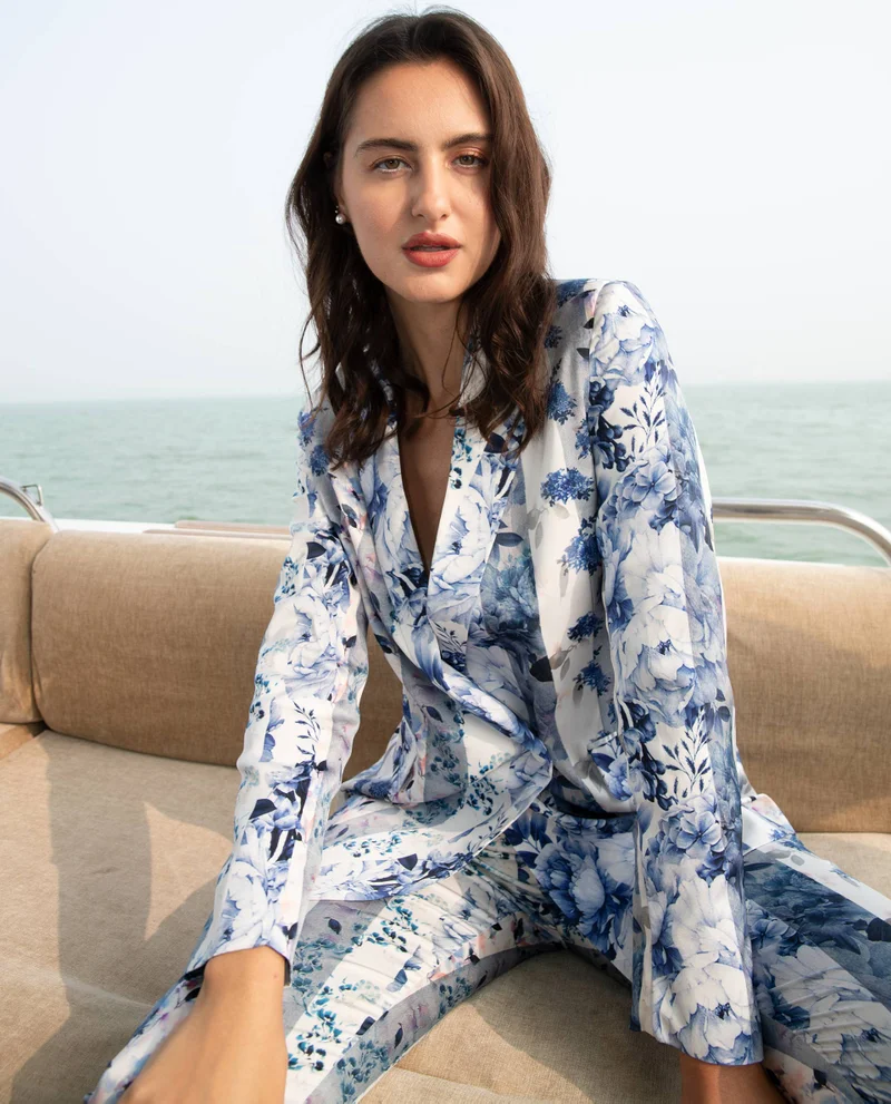 Rareism Women's Statement Floral Print Double-Breasted Blazer