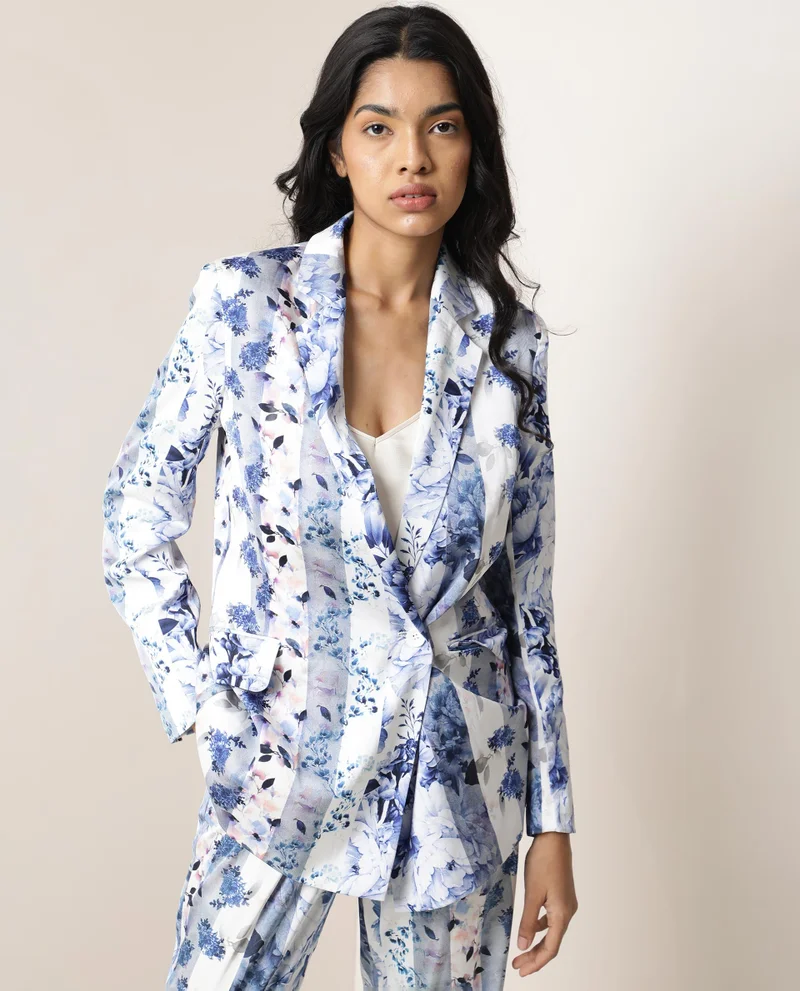Rareism Women's Statement Floral Print Double-Breasted Blazer