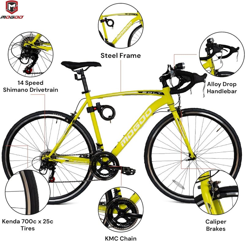Mogoo Bolt 700C Road Bike, 14 Speed Shimano Drivetrain, Lightweight Steel Frame Adult Racing Bicycle, Kenda Tires, Caliper Brakes, Cycle For Men Women, Bicycle-Men Adult (Frame Size: 53 cm) - Image 3