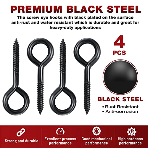 PAMAZY 6 Inch Heavy Duty Black Screw Eyes Hooks, 700LBS Breaking Strength, 4PCS Self Tapping Eyelet Screw Eye Bolts, Screw in Eye Hooks for Wood Securing Cables Wire, Heavy Indoor & Outdoor Uses - Image 4