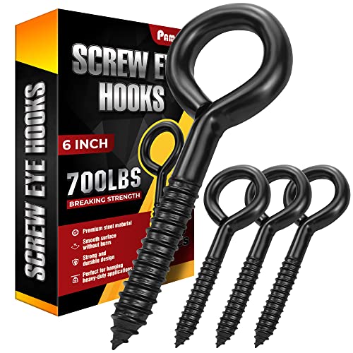 PAMAZY 6 Inch Heavy Duty Black Screw Eyes Hooks, 700LBS Breaking Strength, 4PCS Self Tapping Eyelet Screw Eye Bolts, Screw in Eye Hooks for Wood Securing Cables Wire, Heavy Indoor & Outdoor Uses - Image 1