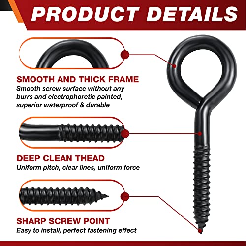PAMAZY 6 Inch Heavy Duty Black Screw Eyes Hooks, 700LBS Breaking Strength, 4PCS Self Tapping Eyelet Screw Eye Bolts, Screw in Eye Hooks for Wood Securing Cables Wire, Heavy Indoor & Outdoor Uses - Image 5