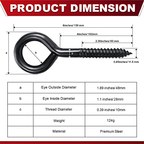 PAMAZY 6 Inch Heavy Duty Black Screw Eyes Hooks, 700LBS Breaking Strength, 4PCS Self Tapping Eyelet Screw Eye Bolts, Screw in Eye Hooks for Wood Securing Cables Wire, Heavy Indoor & Outdoor Uses - Image 3