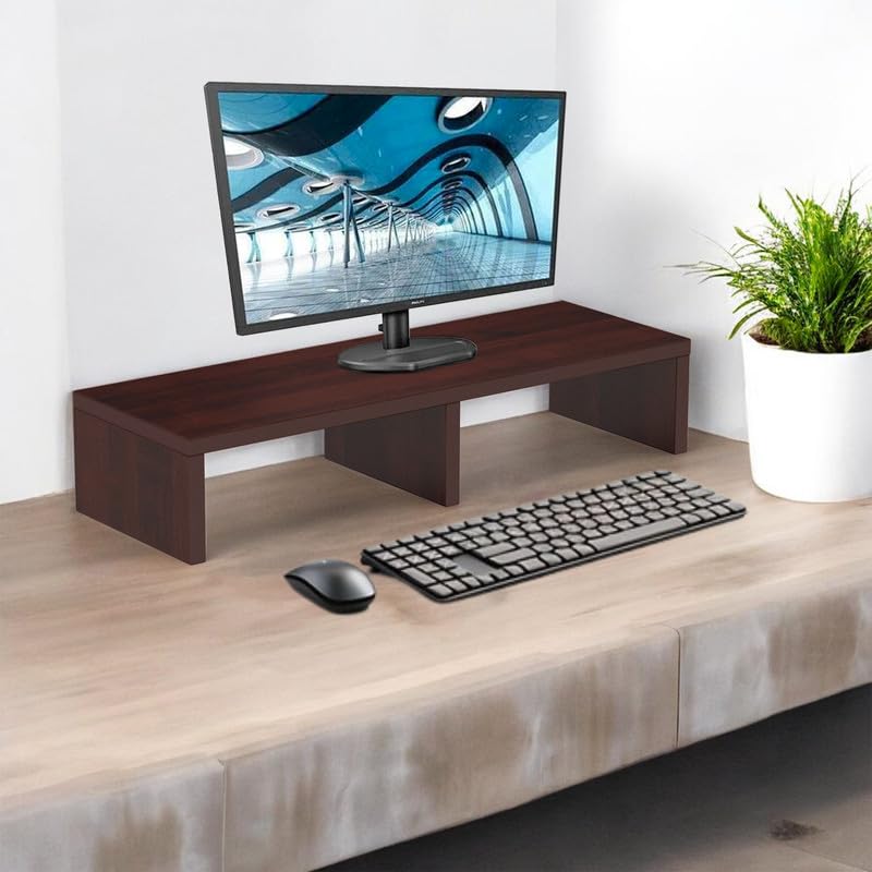 flux Monitor Stand Wooden | Monitor Stand Riser | PC Stand For Desktop Table | , with 3 leg support, Non-Slip | Material: Particle Board Wood | Size: (59.5 cm x 20cm x 12cm) | Wooden Red - Image 1
