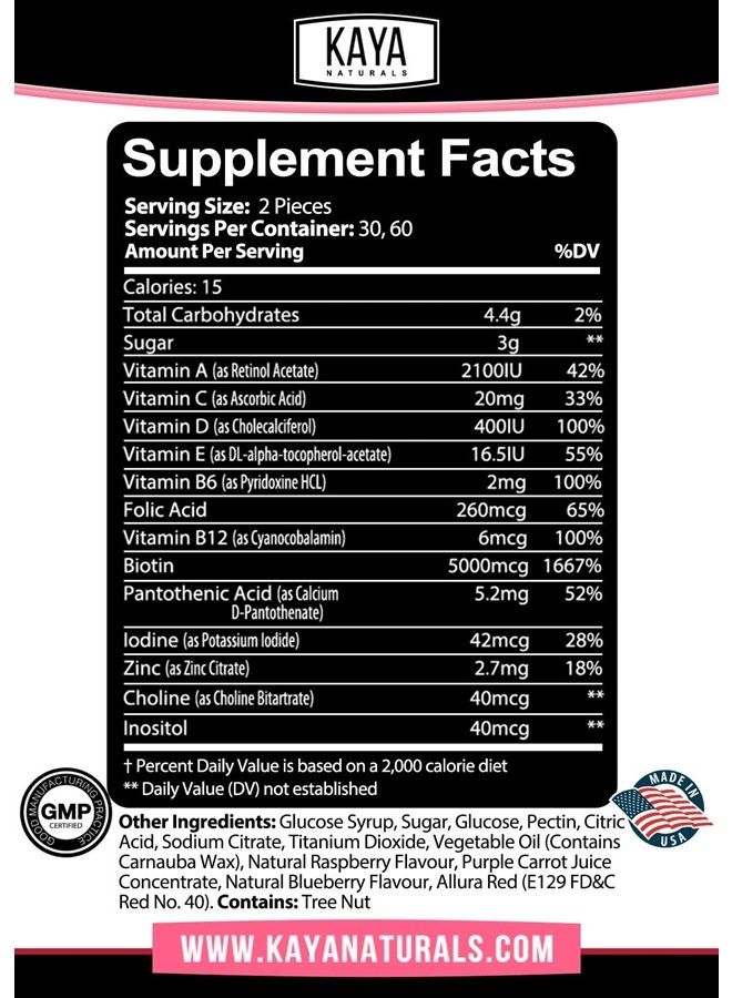 Kaya Naturals Hair Growth Vegetarian Vitamin Gummy Bears - Biotin Gummies | Hair Growth Vitamins with Biotin, Vitamin D, Vitamin B-12, Vitamin A, and Folic Acid - 60 Count Natural Blueberry Flavor  - Image 4