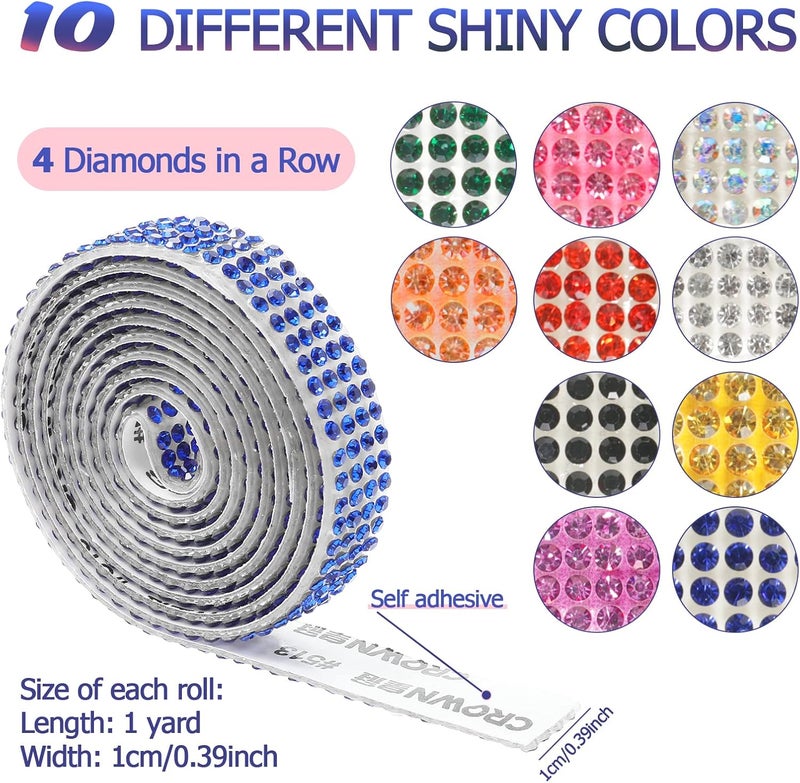 Canlierr 10 Rolls Self Adhesive Rhinestone Strip Bling Ribbon Crystal Diamond Sticker Decorative Red Blue Gold Pink Craft Roll Tape for DIY Shoes Car Phone 04 Inch Wide - Image 2