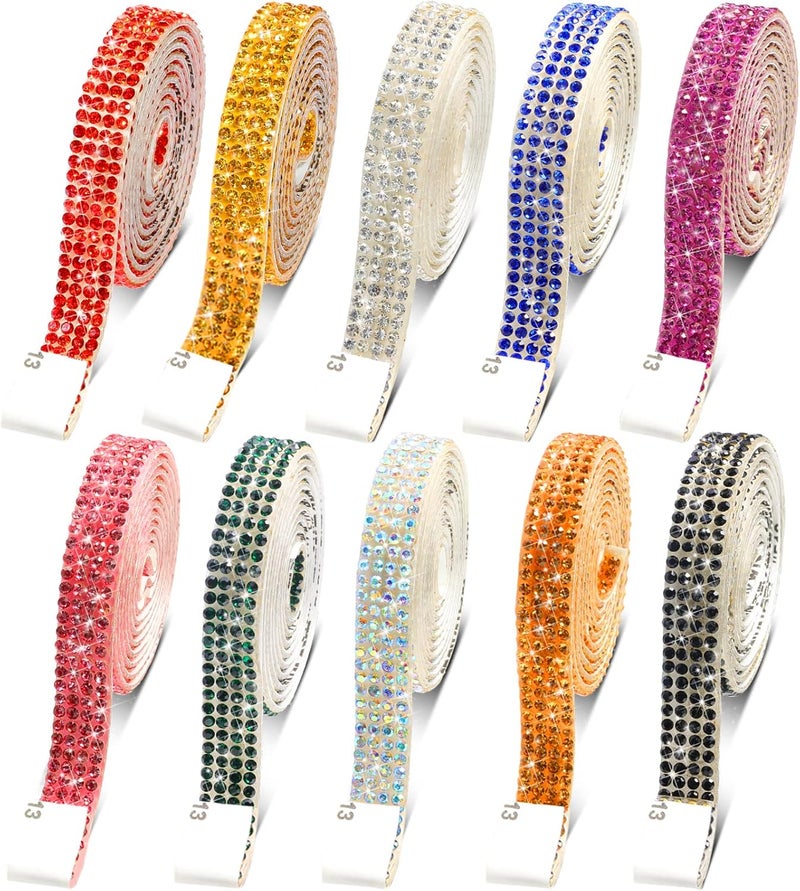Canlierr 10 Rolls Self Adhesive Rhinestone Strip Bling Ribbon Crystal Diamond Sticker Decorative Red Blue Gold Pink Craft Roll Tape for DIY Shoes Car Phone 04 Inch Wide - Image 1