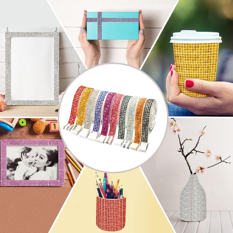 Canlierr 10 Rolls Self Adhesive Rhinestone Strip Bling Ribbon Crystal Diamond Sticker Decorative Red Blue Gold Pink Craft Roll Tape for DIY Shoes Car Phone 04 Inch Wide - Image 3