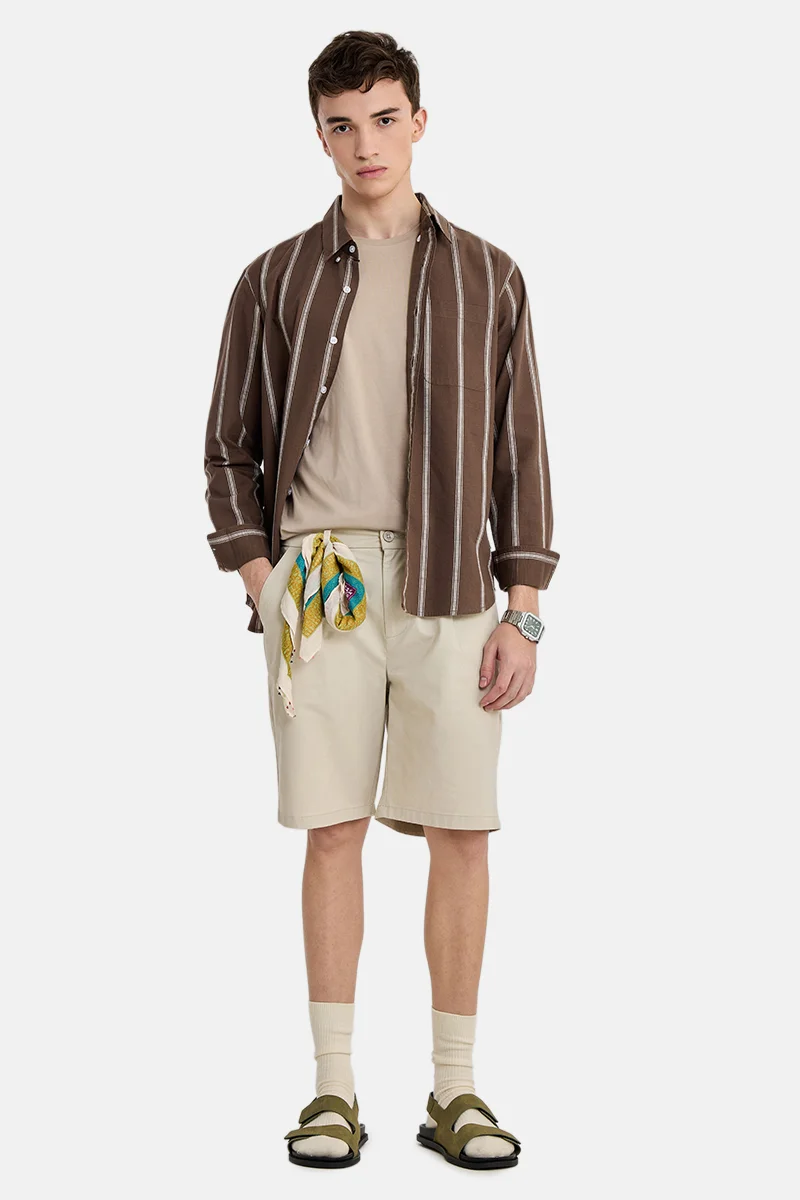 سنيتش Brown Striped Long Sleeve Regular Fit Casual Shirt