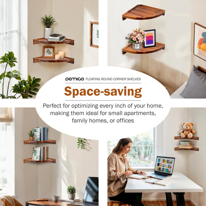 Demigo Floating Round Corner Shelves for Wall 2pcs - Acacia Wood Wall-Mounted Storage Shelves for Home Decor, Space Saving Displays for Living Room, Kitchen, Office, and Bedroom (Natural Brown) - Image 5