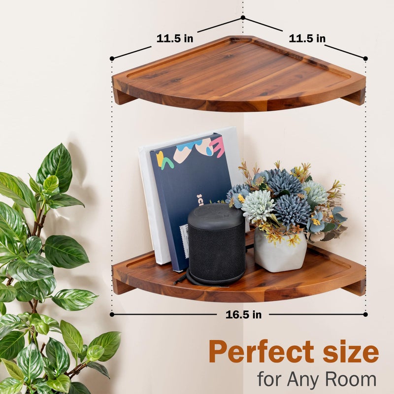 Demigo Floating Round Corner Shelves for Wall 2pcs - Acacia Wood Wall-Mounted Storage Shelves for Home Decor, Space Saving Displays for Living Room, Kitchen, Office, and Bedroom (Natural Brown) - Image 2