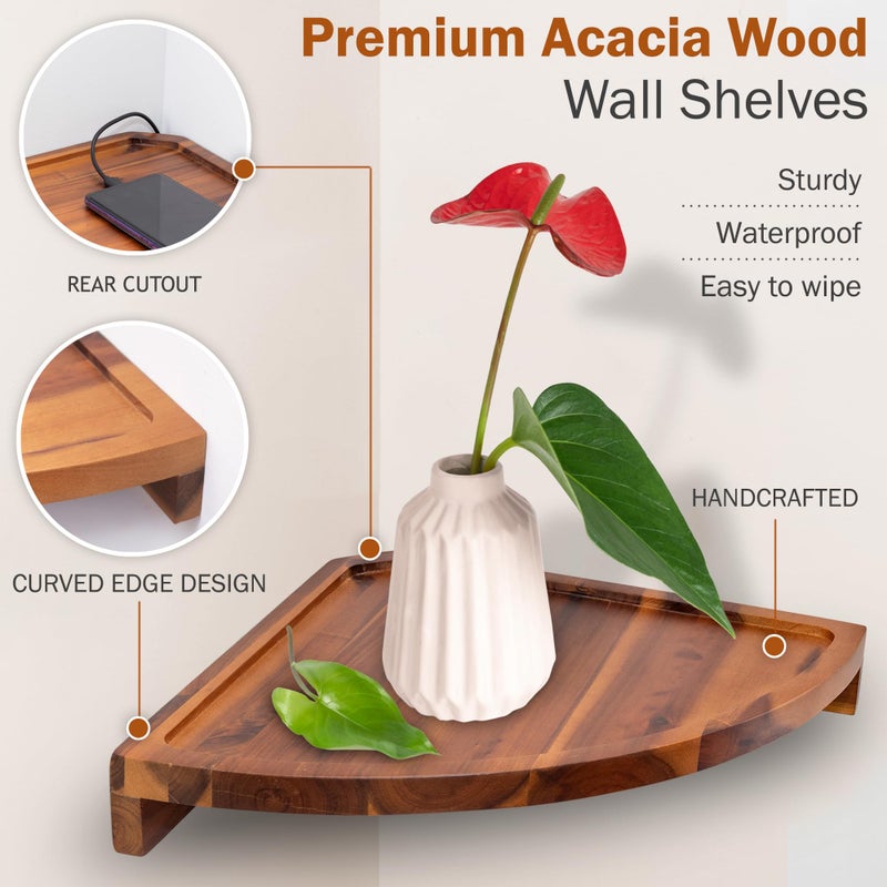 Demigo Floating Round Corner Shelves for Wall 2pcs - Acacia Wood Wall-Mounted Storage Shelves for Home Decor, Space Saving Displays for Living Room, Kitchen, Office, and Bedroom (Natural Brown) - Image 3