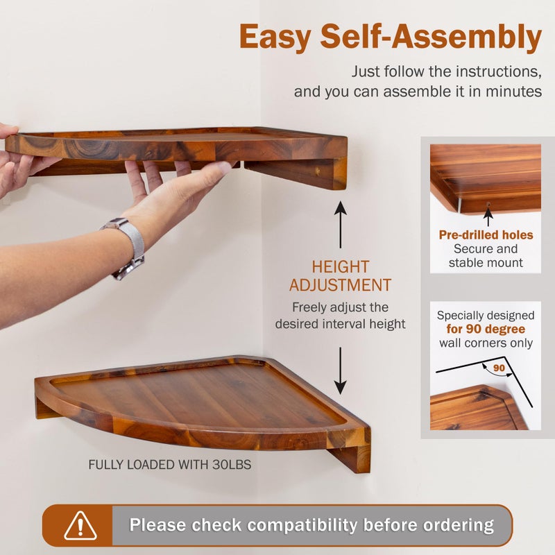 Demigo Floating Round Corner Shelves for Wall 2pcs - Acacia Wood Wall-Mounted Storage Shelves for Home Decor, Space Saving Displays for Living Room, Kitchen, Office, and Bedroom (Natural Brown) - Image 4