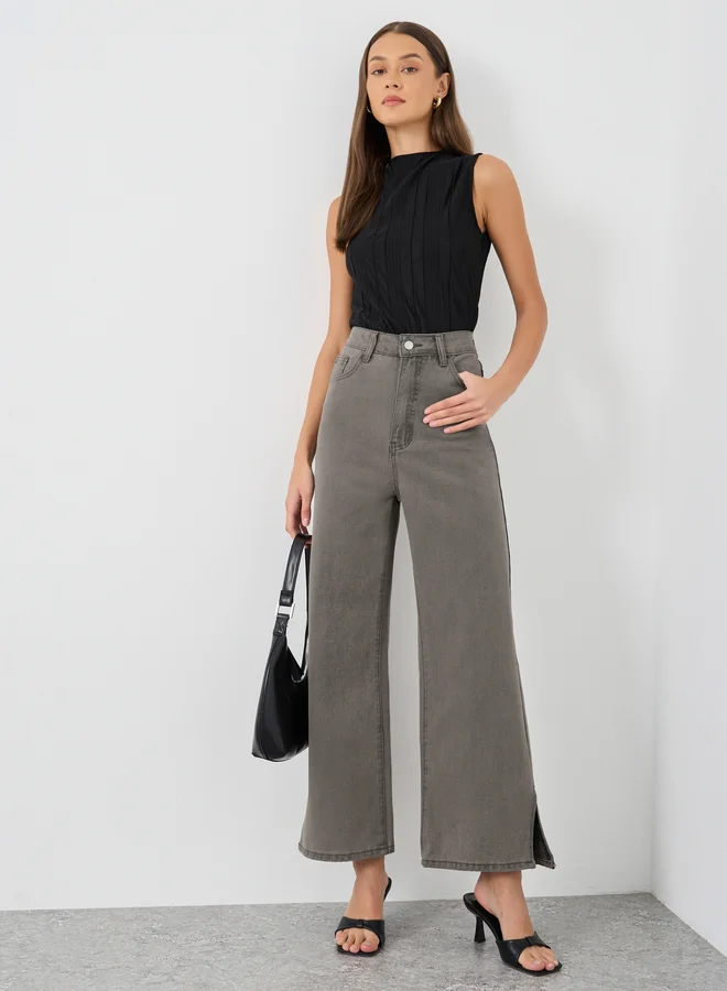 Styli Styli Women Grey Wide Leg Jeans with Side Slit