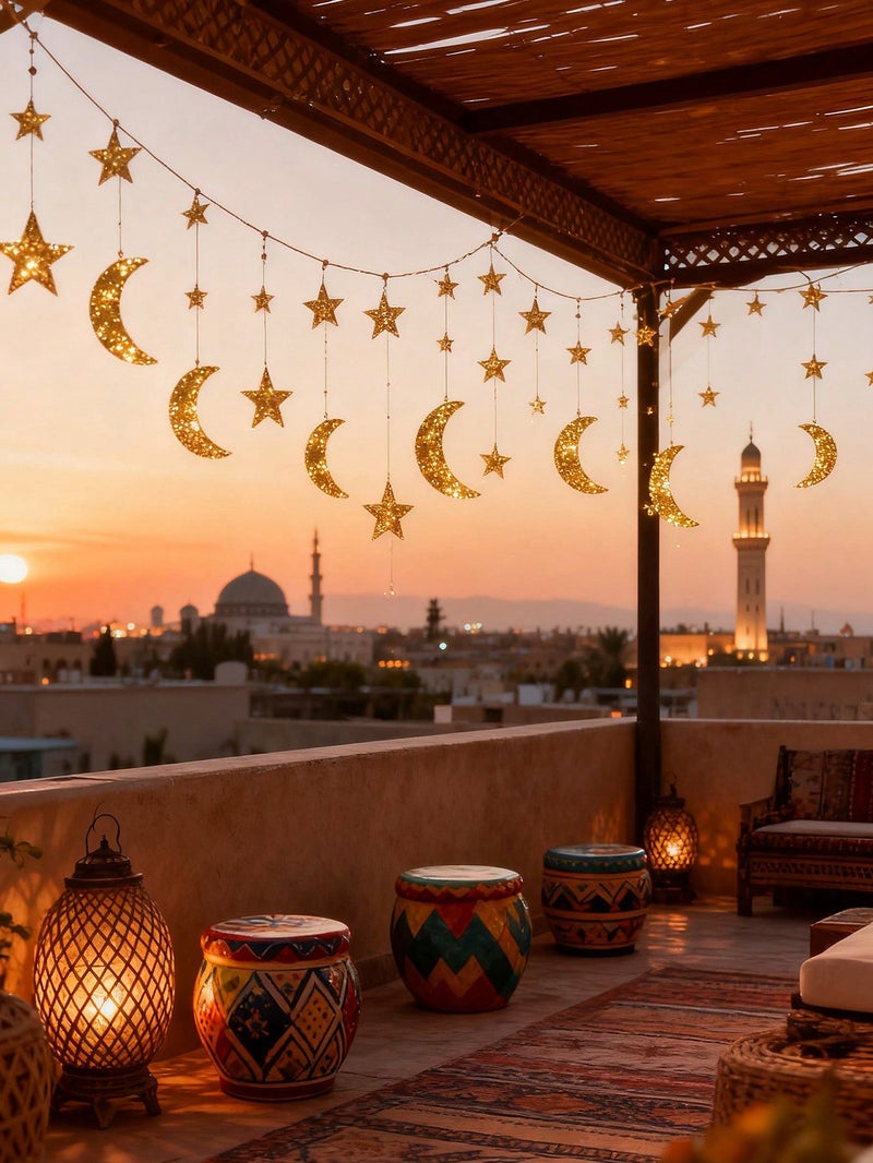 Ramadan Hanging Curtain Decoration With Gold Glitter Stars And Crescent Moons 3 Meter Length - Image 2