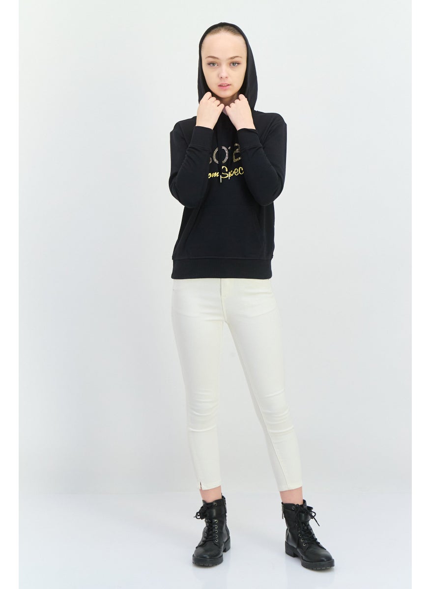 BOBS from Skechers - Women Hooded Long Sleeve Embroidered Logo Sweatshirt, Black - Image 1