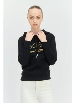 Women Hooded Long Sleeve Embroidered Logo Sweatshirt, Black
