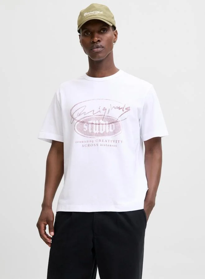 JACK & JONES White Cotton Logo Print T-Shirt