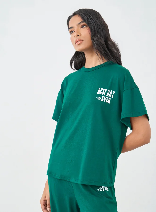 تايك تو Take Two Slogan Print T-Shirt and Wide Leg Pants Co-Ords