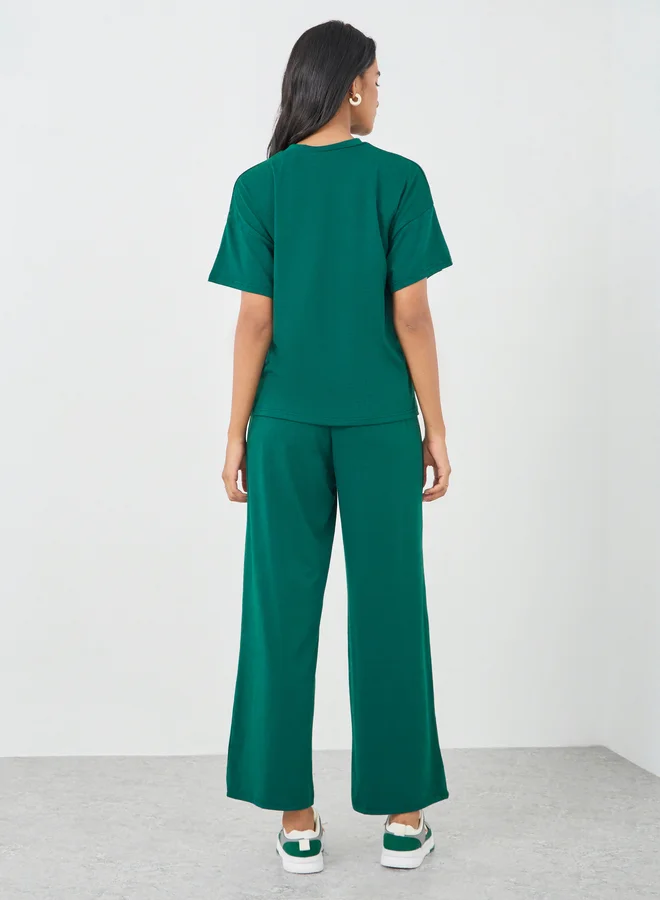تايك تو Take Two Slogan Print T-Shirt and Wide Leg Pants Co-Ords