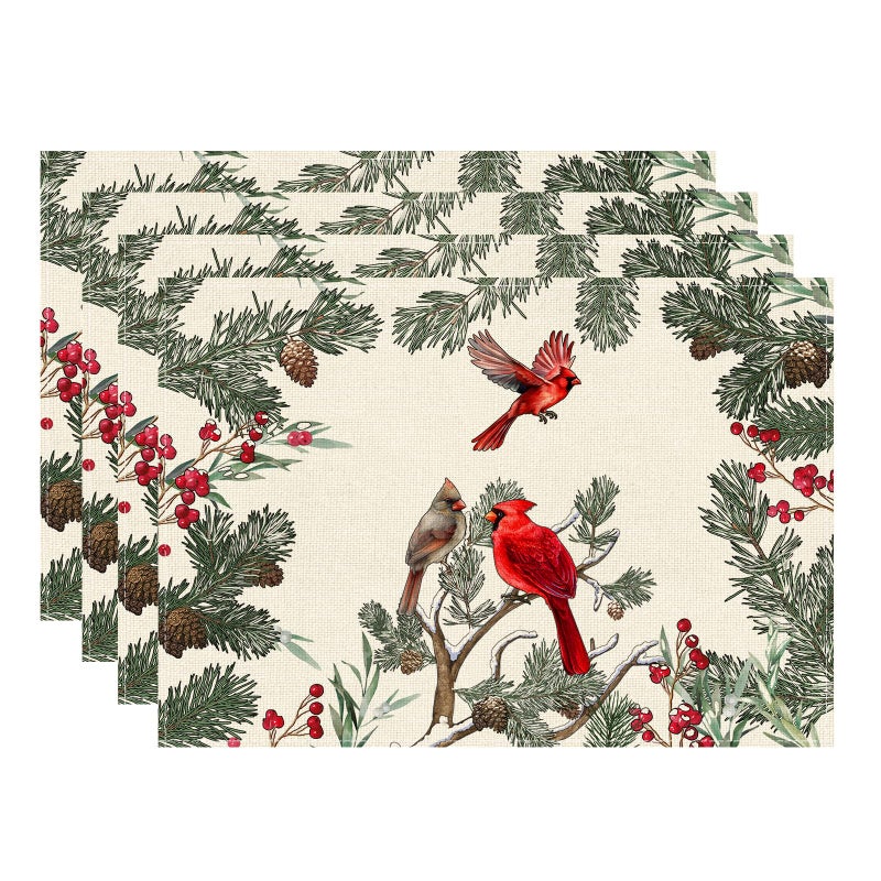XCHI Cardinal Birds Winter Pine Tree Christmas Xmas Placemats Set of 4 Table Mats for Party Home Kitchen Dining Table Decorations 12x18 Inch - Image 1