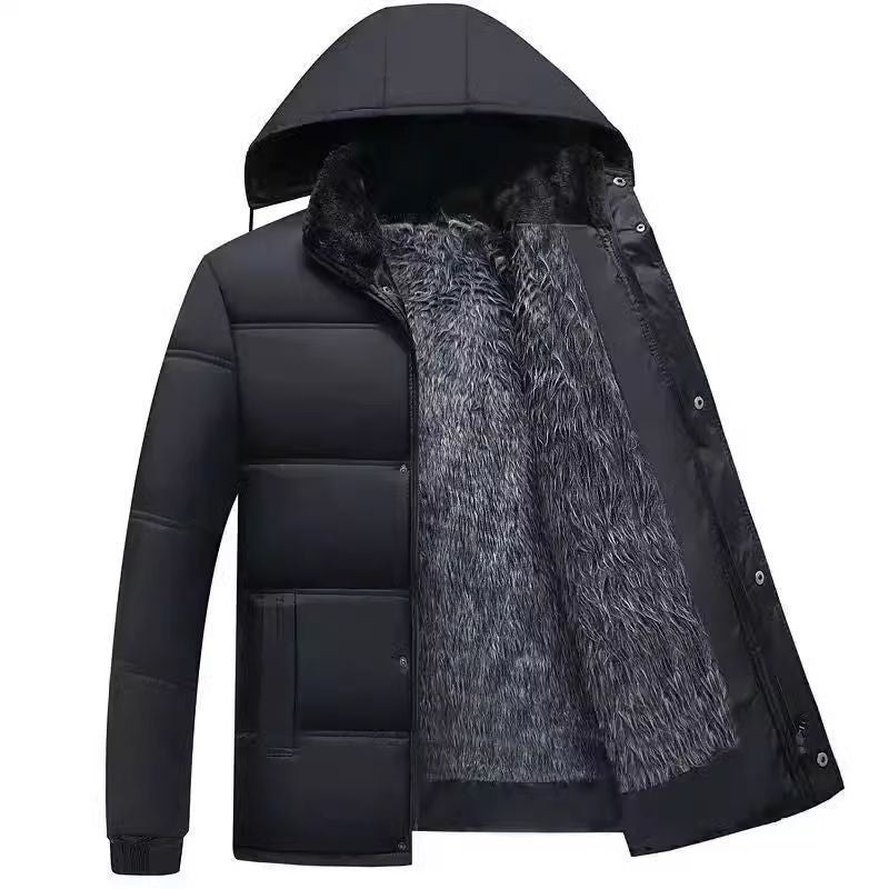 Winter Long Cotton Padded Mens Jacket Warm Grandpa Black fur liner (sleeves without hair) 