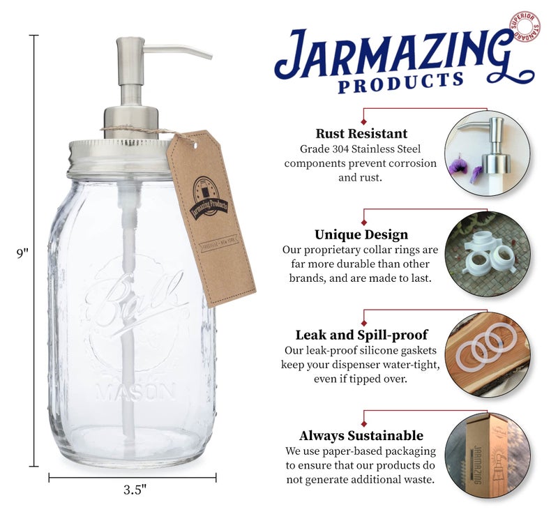 Jarmazing Products Quart Size Mason Jar Soap and Lotion Dispenser - 32 Ounce - Made from Rust-Proof Stainless Steel - Image 2