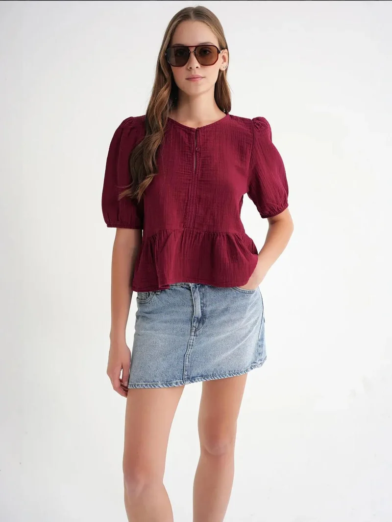 MixRay Mixray Textured Muslin Crew Neck Blouse with Button Closure