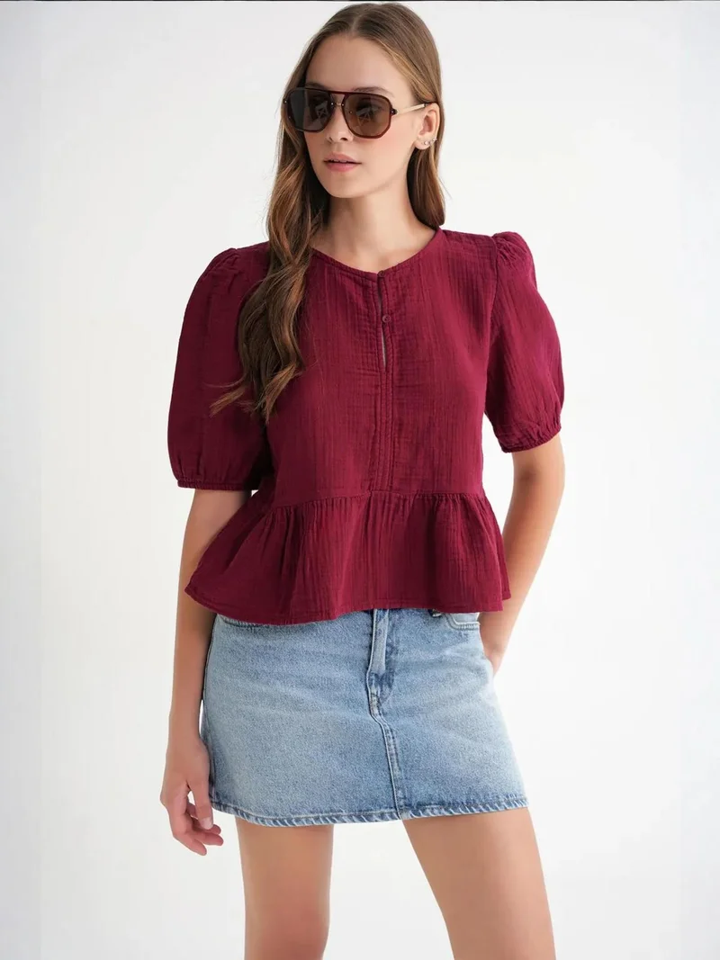 MixRay Mixray Textured Muslin Crew Neck Blouse with Button Closure
