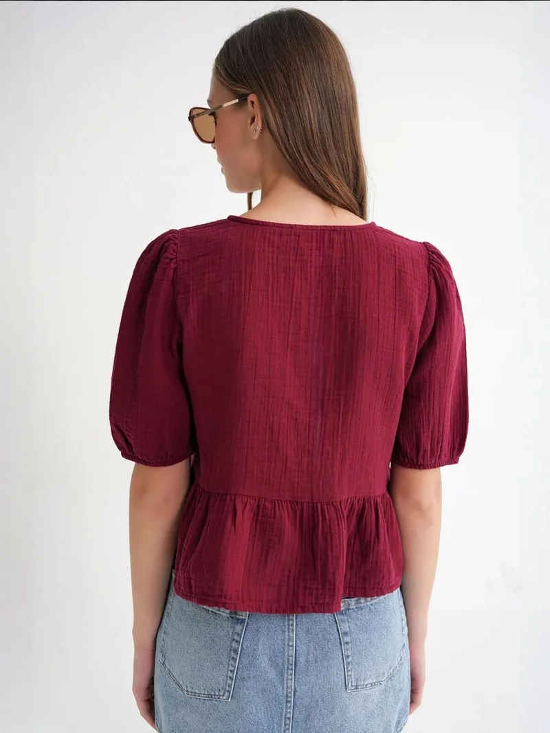 MixRay Burgundy Red Mixray Textured Muslin Crew Neck Blouse with Button Closure for Women | Best Price UAE