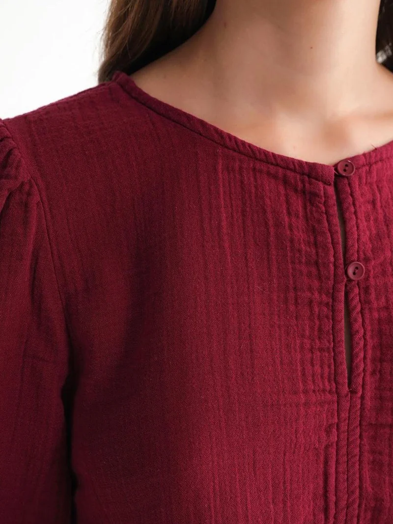 MixRay Burgundy Red Mixray Textured Muslin Crew Neck Blouse with Button Closure for Women | Best Price UAE