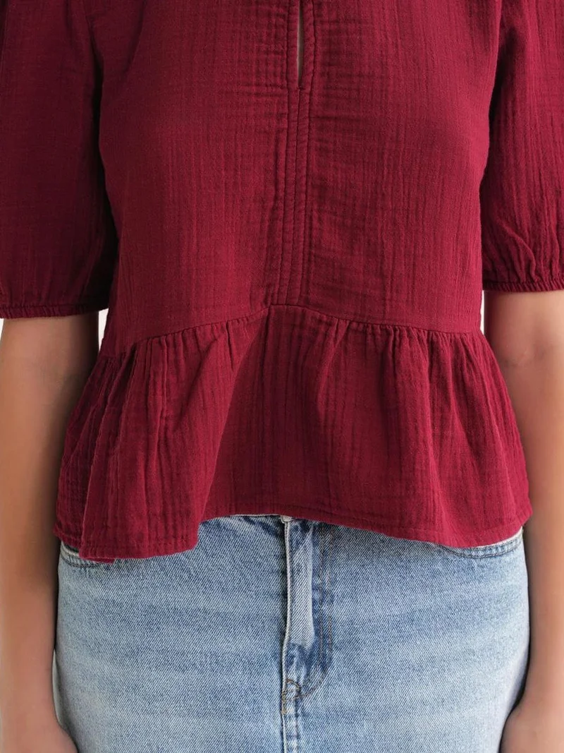 MixRay Burgundy Red Mixray Textured Muslin Crew Neck Blouse with Button Closure for Women | Best Price UAE