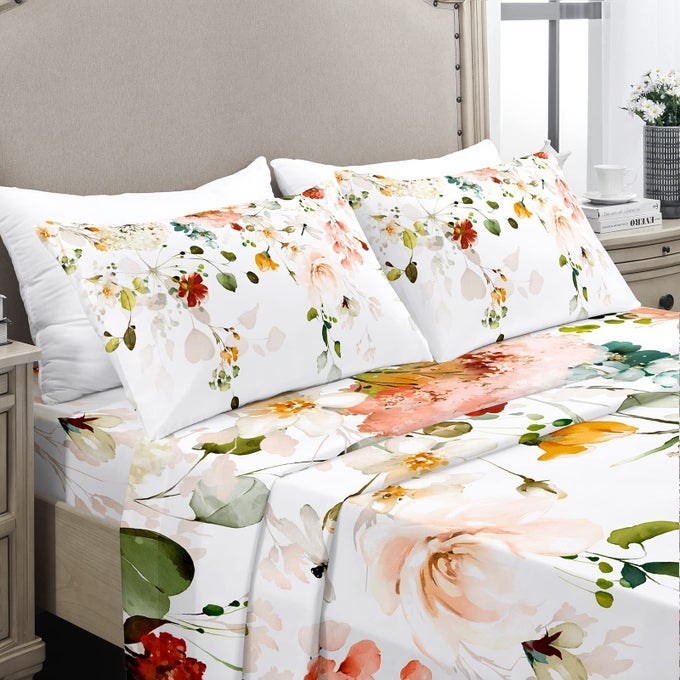 FLORAL KING SIZE SHEETS SET 1800 THREAD COUNT BRUSHED MICROFIBER FLORAL BED SHEETS FOR KING SIZE BED EXTRA SOFT DEEP POCKET SHRINKAGE AND FADE RESISTANT 4 PIECE SET KING