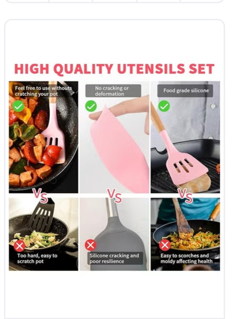 12 قطعة من ادوات المطبخ من السيليكون مع حامل، مجموعة ادوات من السيليكون للطبخ مع مقبض خشبي خالية من مادة البيسفينول ايه غير السامة وغير الاصقة (زهري)