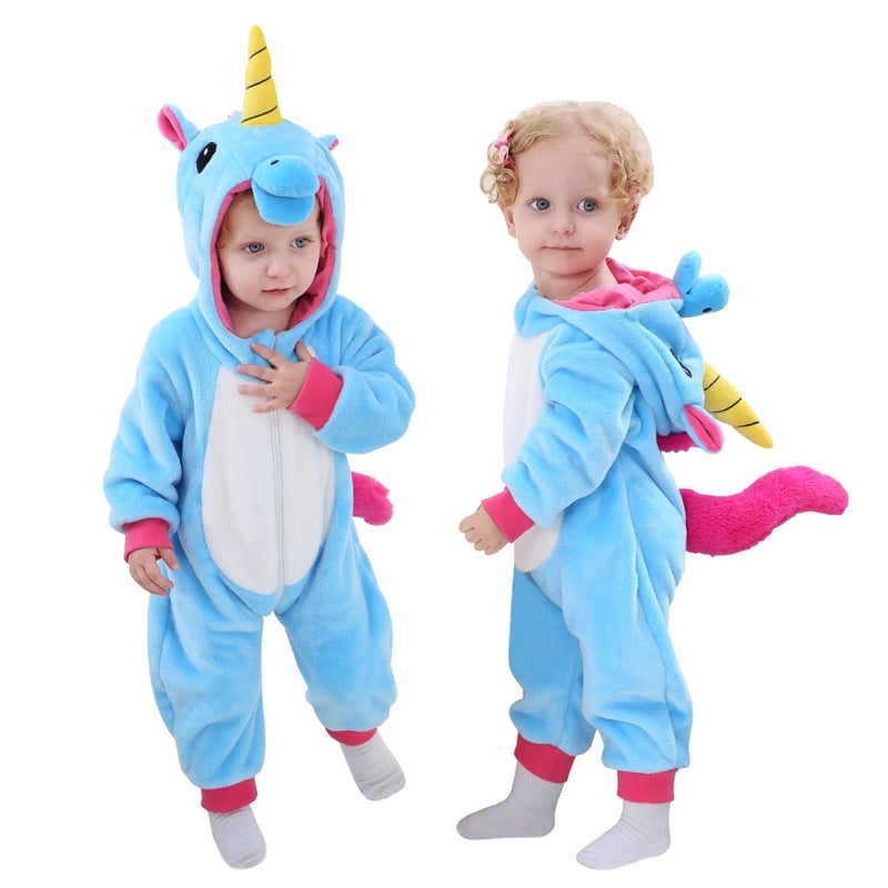 TONWHAR Kids And Toddlers Infant Tiger Dinosaur Animal Fancy Dress Costume Outfit Hooded Romper Jumpsuit 23 MonthsHeight2123Blue Unicorn