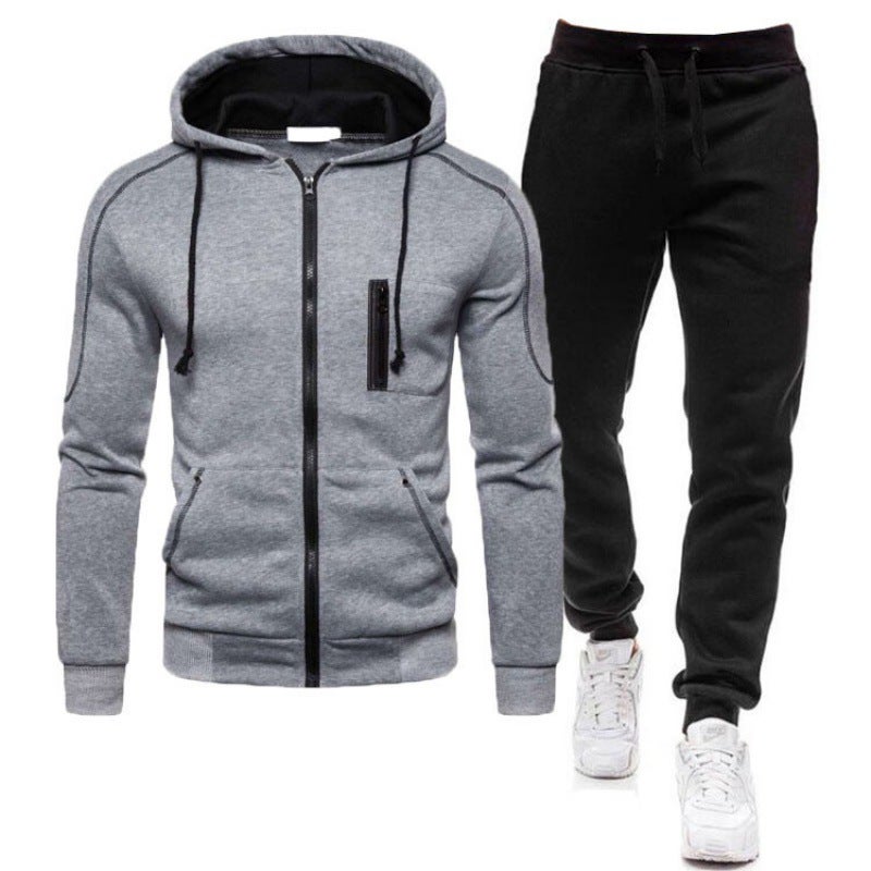 2023 cross-border new cardigan zipper hooded sweater suit digital leisure sports solid color European and American mens sweatpants Gray 