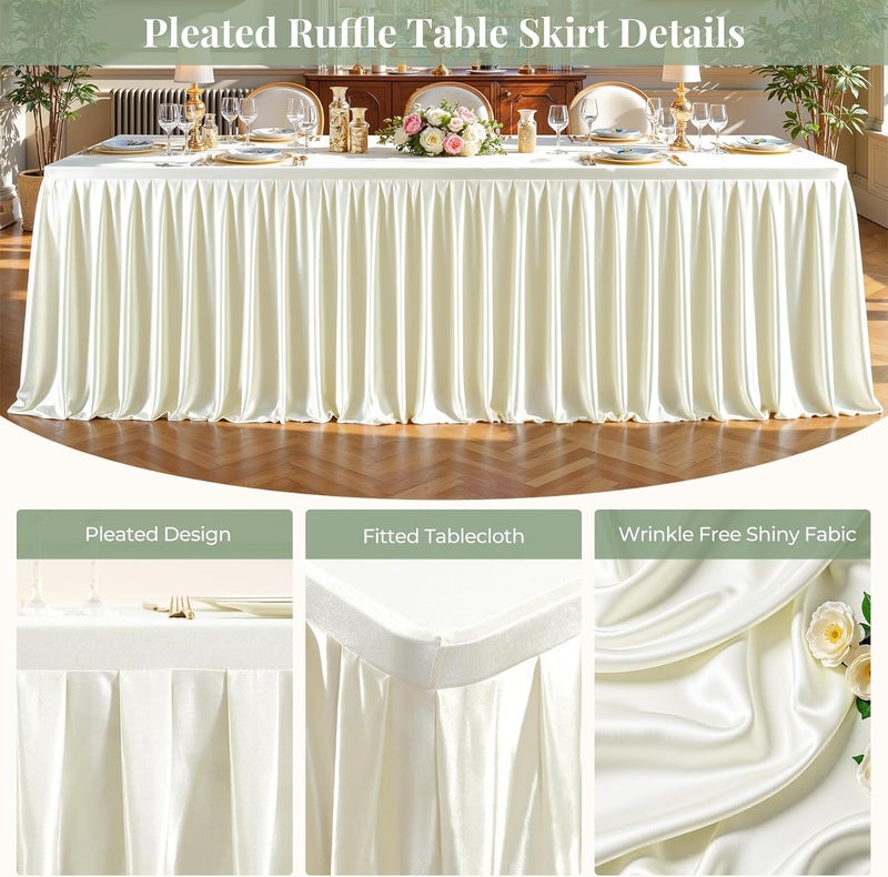 PARTISKY Ivory Satin Tablecloths Rectangle 4FT, Glitter Spandex Fitted Stretch Table Covers Wrinkle-Resistant Floor Length Shimmer Pleated Table Skirt for Weddings Parties Baby Shower Banquets Vendor Events - Image 2