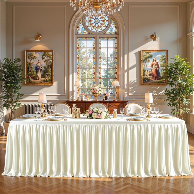 PARTISKY Ivory Satin Tablecloths Rectangle 4FT, Glitter Spandex Fitted Stretch Table Covers Wrinkle-Resistant Floor Length Shimmer Pleated Table Skirt for Weddings Parties Baby Shower Banquets Vendor Events - Image 3