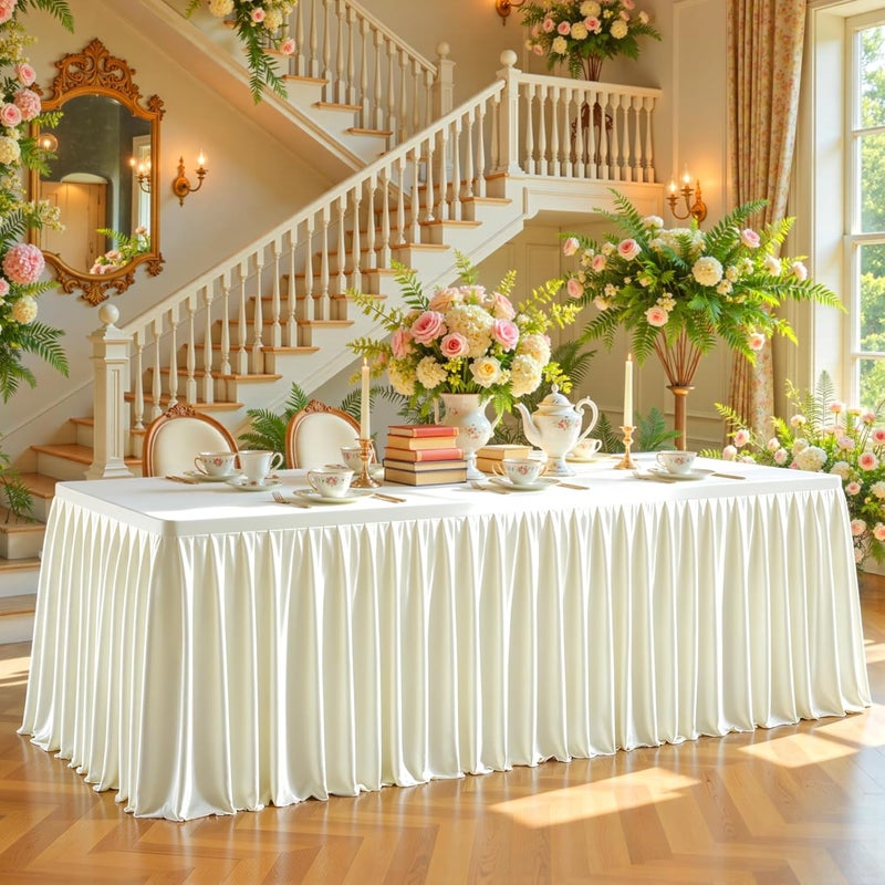 PARTISKY Ivory Satin Tablecloths Rectangle 4FT, Glitter Spandex Fitted Stretch Table Covers Wrinkle-Resistant Floor Length Shimmer Pleated Table Skirt for Weddings Parties Baby Shower Banquets Vendor Events - Image 1